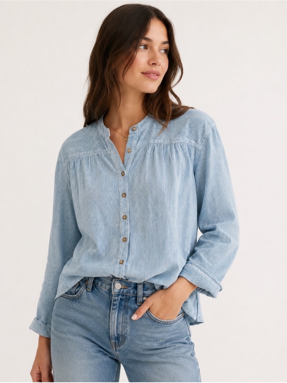 Anthropologie Pilcro Blue and White Striped Peasant Button Up Boxy Blouse - XS